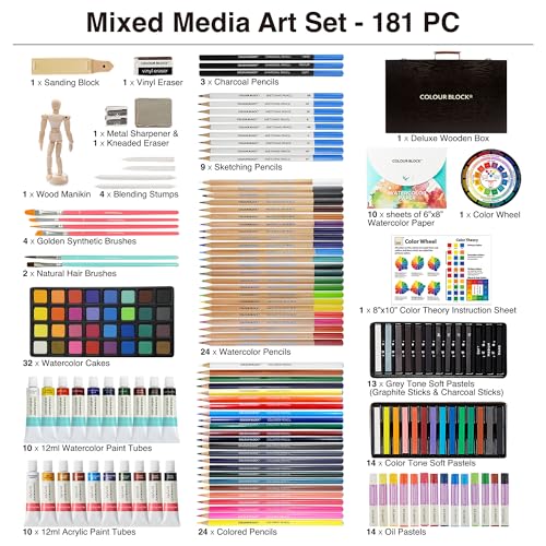 COLOUR BLOCK 181 pc Mixed Media Art Set in Exquisite Wooden Case - Acrylic & Water color Paints, Sketching, Colored Pencils, Soft & Oil Pastels - Image 2