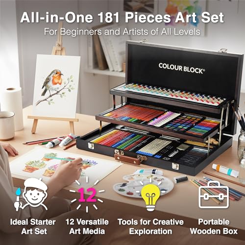 COLOUR BLOCK 181 pc Mixed Media Art Set in Exquisite Wooden Case - Acrylic & Water color Paints, Sketching, Colored Pencils, Soft & Oil Pastels - Image 3