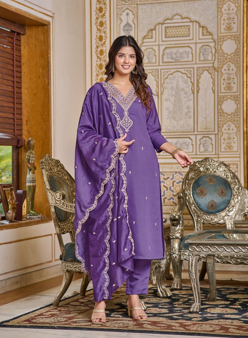 Women's embroidered Purple Kurti with pant and dupatta Set  - Image 1