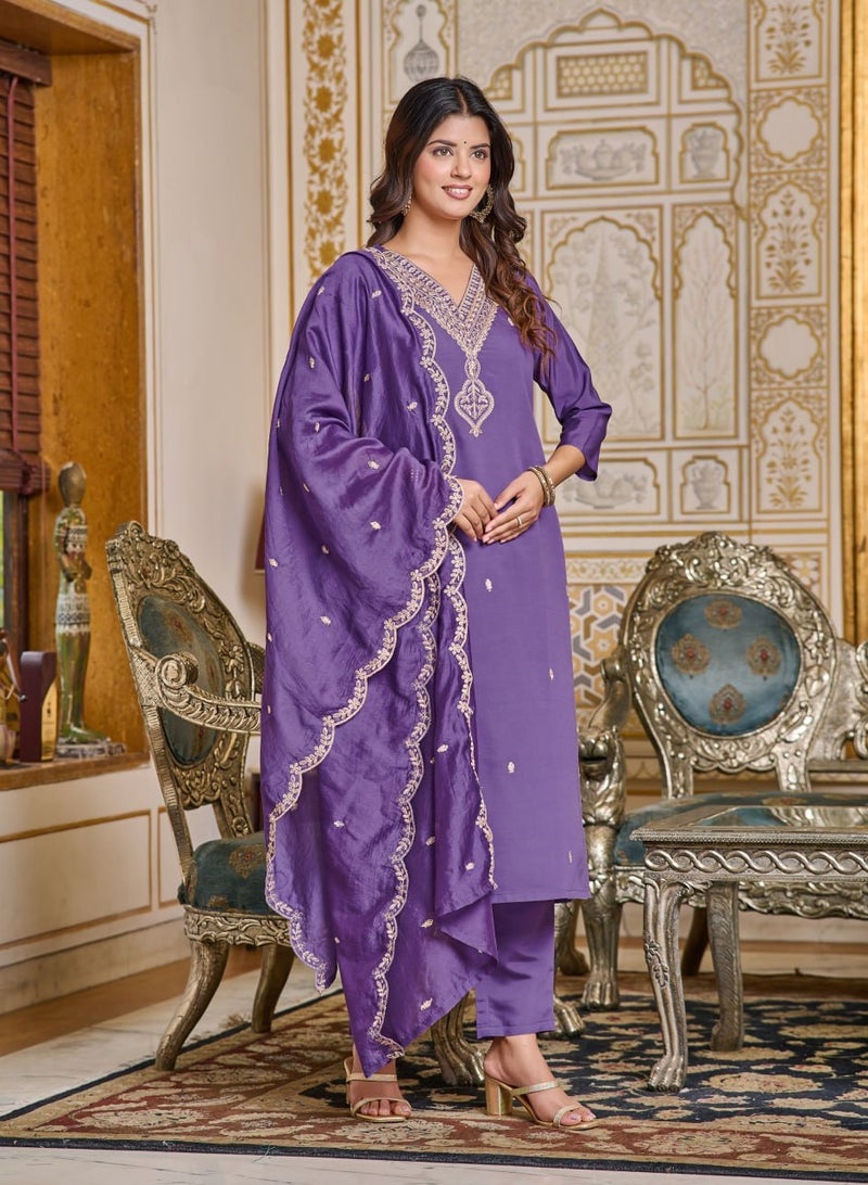 Women's embroidered Purple Kurti with pant and dupatta Set  - Image 2