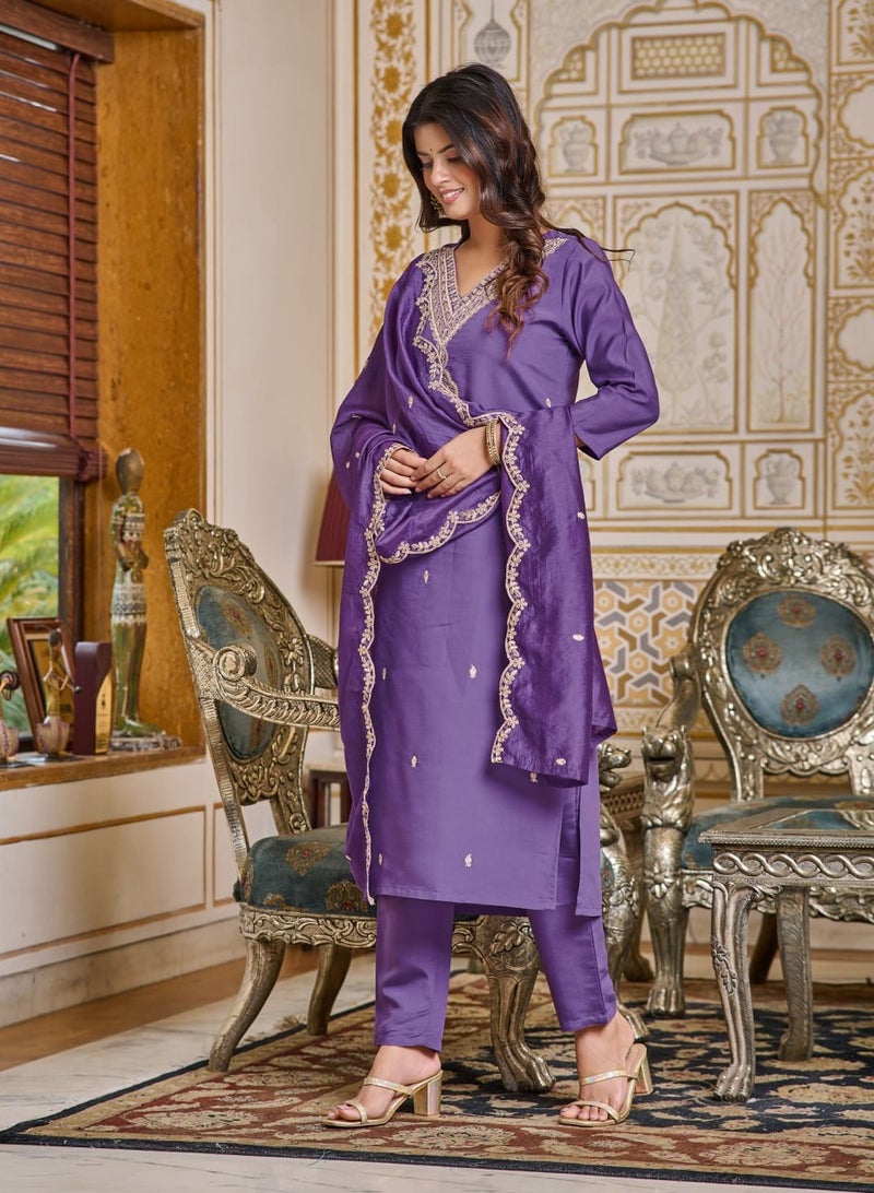 Women's embroidered Purple Kurti with pant and dupatta Set  - Image 3