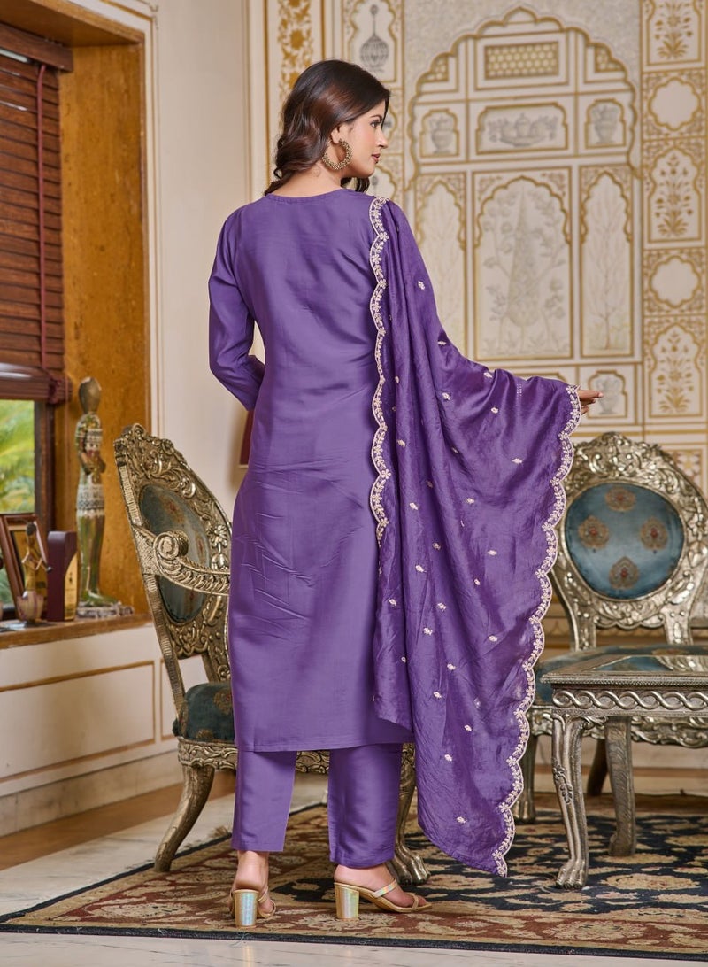 Women's embroidered Purple Kurti with pant and dupatta Set  - Image 4