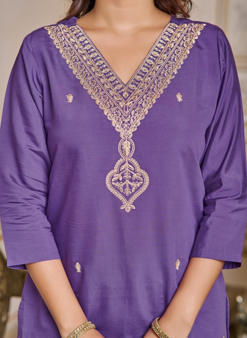 Women's embroidered Purple Kurti with pant and dupatta Set  - Image 5