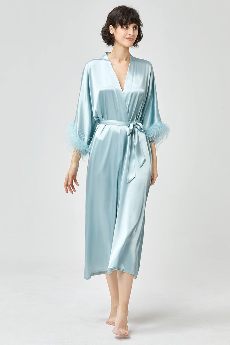 PRODESIGN Satin Kimono Robe Long Silky Bathrobe with Ostrich Feather Trim Sleepwear Wedding Bridesmaid Dressing Gown - Image 2