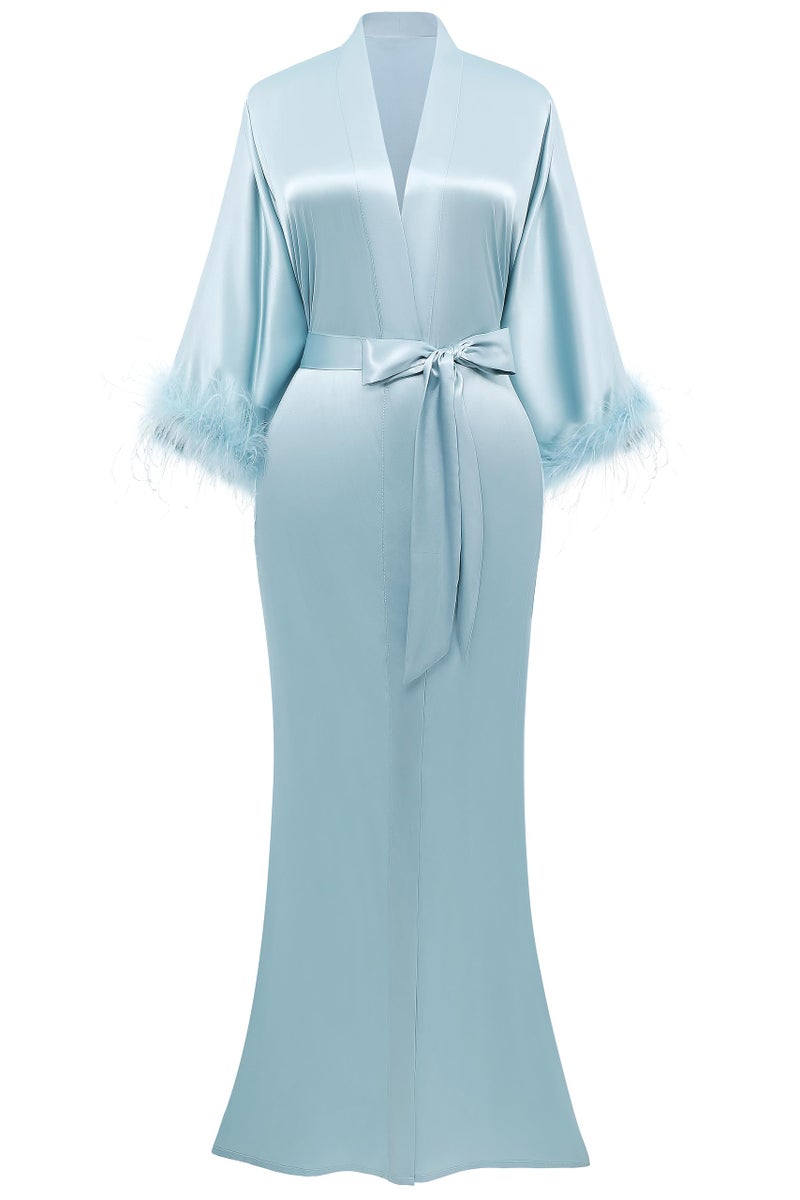 PRODESIGN Satin Kimono Robe Long Silky Bathrobe with Ostrich Feather Trim Sleepwear Wedding Bridesmaid Dressing Gown - Image 1