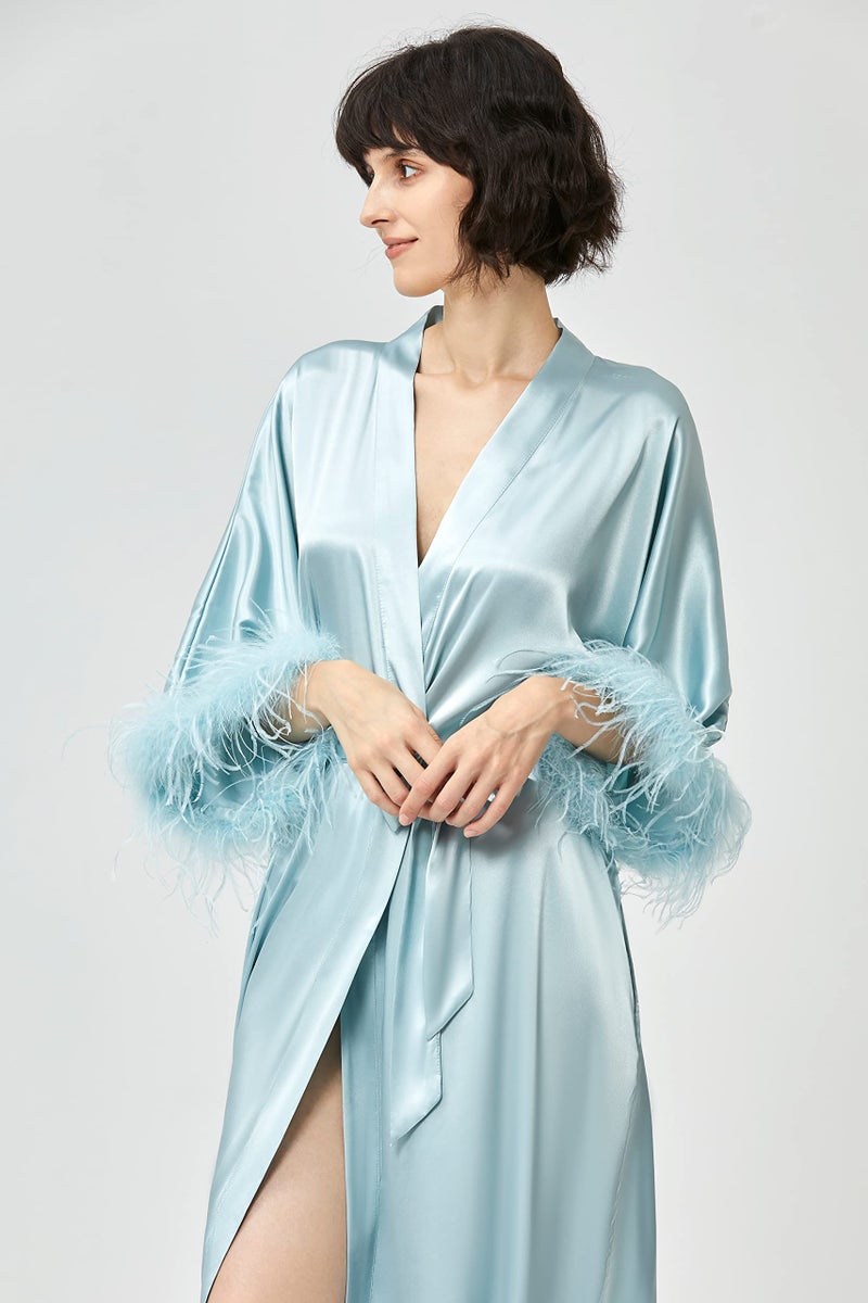 PRODESIGN Satin Kimono Robe Long Silky Bathrobe with Ostrich Feather Trim Sleepwear Wedding Bridesmaid Dressing Gown - Image 3