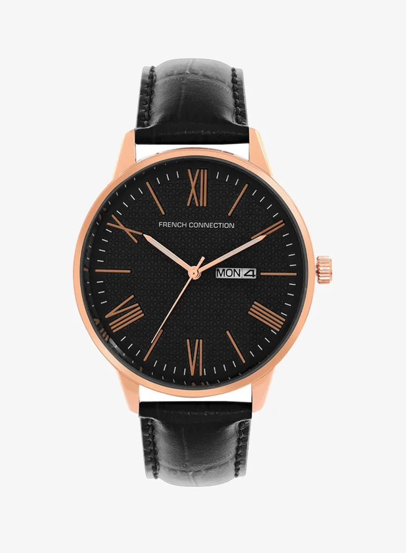 French Connection Black Dial Black Leather Strap Analog Watch for Men 42mm