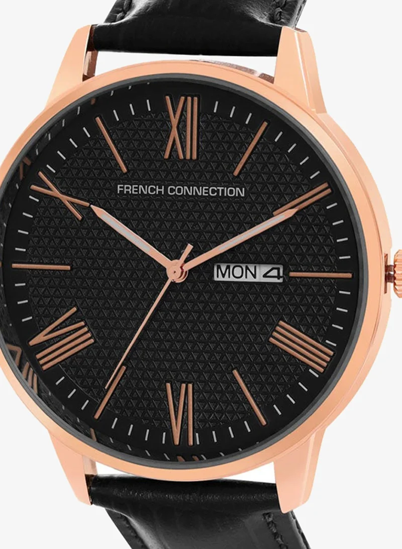 French Connection Black Dial Black Leather Strap Analog Watch for Men 42mm