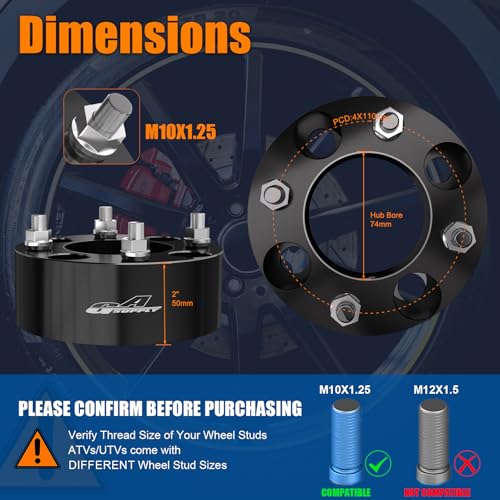 GAsupply فواصل عجلات ATV GAsupply 4x110 بوصة 2، محولات عجلات ATV سوداء بفتحة مركزية 74 مم 10×1.25 مسامير، متوافقة مع هوندا، سوزوكي، بومباردييه، عبوة 2 - Image 3