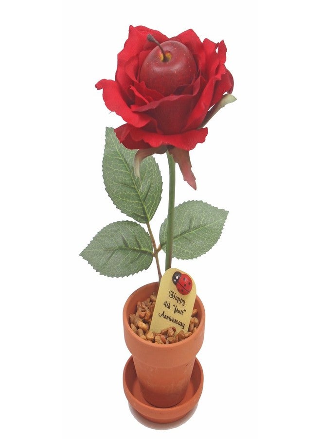 JustPaperRoses – Fruit Anniversary Desk Gift – Red Apple – 4th Year JustDeskRoses in Terra Cotta Pot – Handmade 4th Wedding Gift for Him or Her, Artificial Fruit Rose Decoration - Image 1