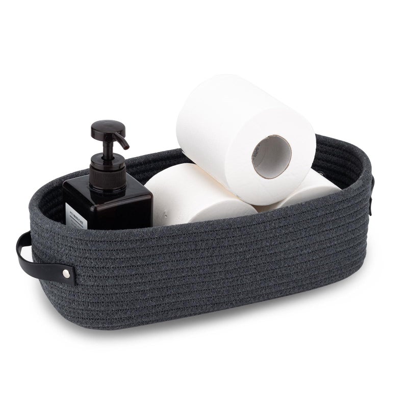 Oradrem Cotton Rope Toilet Paper Holder Basket with Handle, Home Decor Organizing Small Baskets, Nursery Basket 13"x5.9"x4" Dark Gray - Image 1