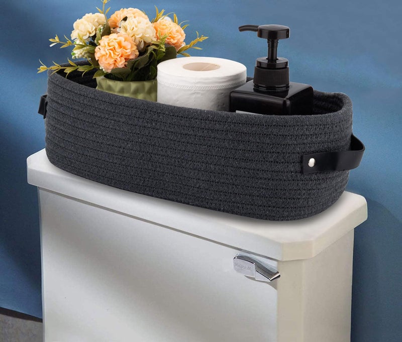 Oradrem Cotton Rope Toilet Paper Holder Basket with Handle, Home Decor Organizing Small Baskets, Nursery Basket 13"x5.9"x4" Dark Gray - Image 2