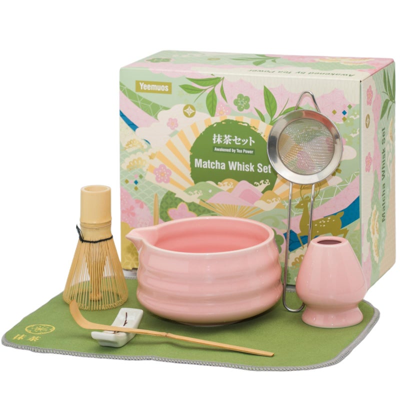 YEEMUOS Matcha whisk Set7 Pcs Matcha Making Kit with whisk Whisk Ceramic Bowl Sifter Scoop Holder Stand and Tea Towel for Ultimate Matcha ExperiencePink