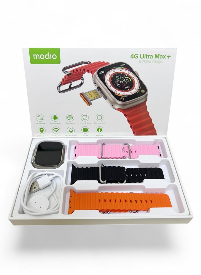 موديو ساعة ذكية موديو +Modio 4g ultra max تعمل بنظام أندرويد (6GB+64GB) شاشة عالية الدقة 2.2 بوصة 49 مع شريحة اتصال وشاشة تعمل باللمس بالكامل مع 3 مجموعات من الأشرطة والشحن اللاسلكي. احدث اصدار من موديو - Image 3