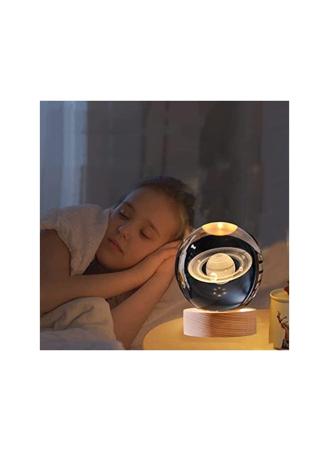 Goodern - Crystal Glass Ball Night Light 3D Solar System Nightlight Wooden Led Display Base Stand Home Decor Ornaments Birthday Gifts Decorations Lamp Funny Night Lights Table Lamp Warm Light For Kids B - Image 1