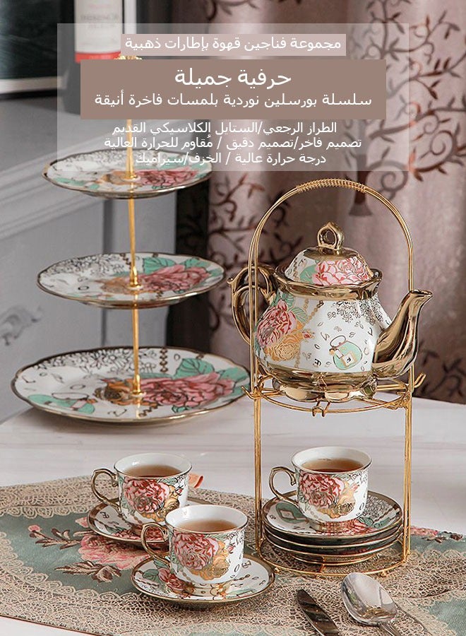 WINEENEE Gold Plated Arabic Style Ceramic Coffee Set 20-Piece Hand-Painted Floral Luxury Tea Set for 6 People Includes Cups Saucers Spoons Teapot Ideal for Family Gathering Ramadan Gift Home Use - Image 3