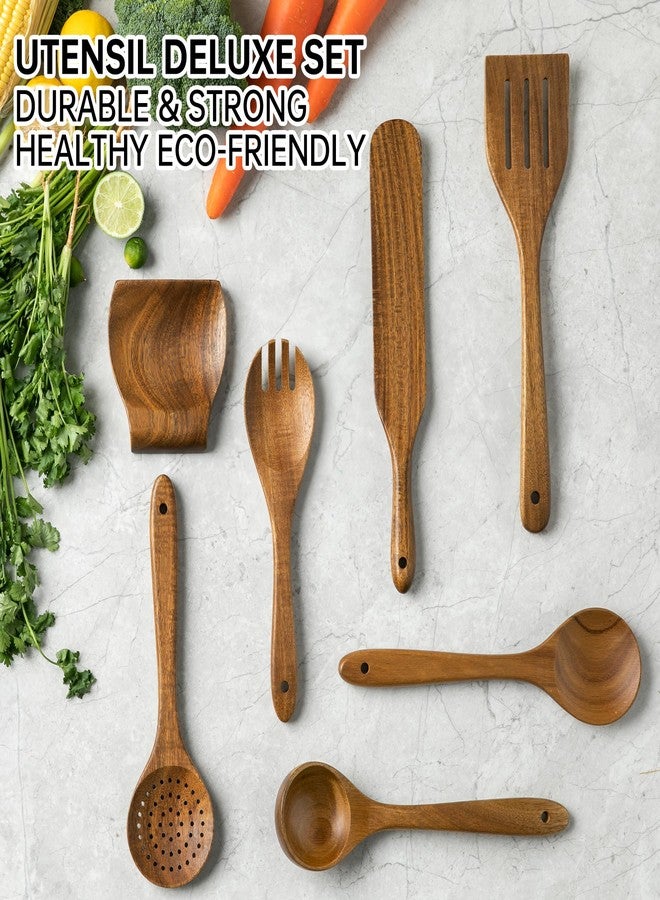 Fyctio 8 PCS Acacia Wooden Utensil Set with Holder, Spoon Rest, Durable Wooden Spoons for Cooking, Heat-Resistant, Comfort Grip,Easy to Clean, Non-stick Friendly, Ideal for Gifting - Image 4