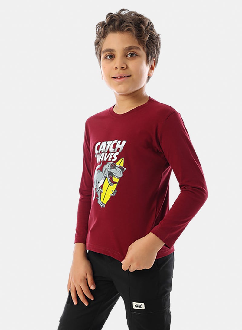 Andora Long Sleeves Crew Neck Printed Boys T-Shirt - Maroon - Image 2