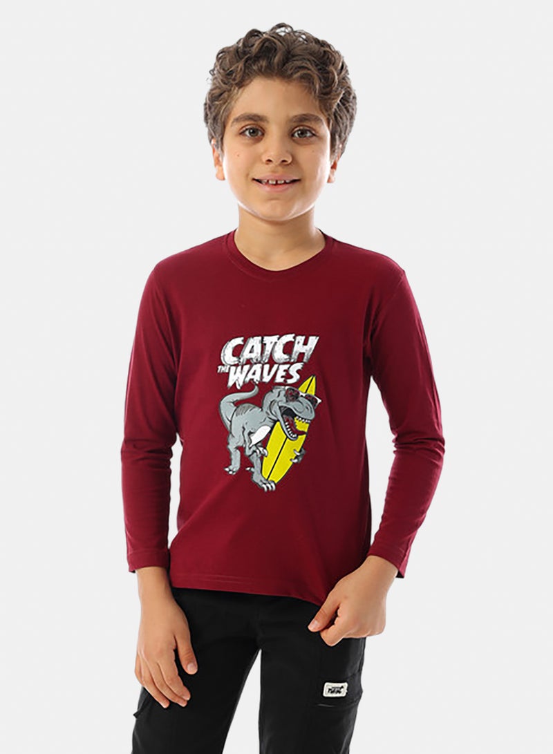 Andora Long Sleeves Crew Neck Printed Boys T-Shirt - Maroon - Image 1