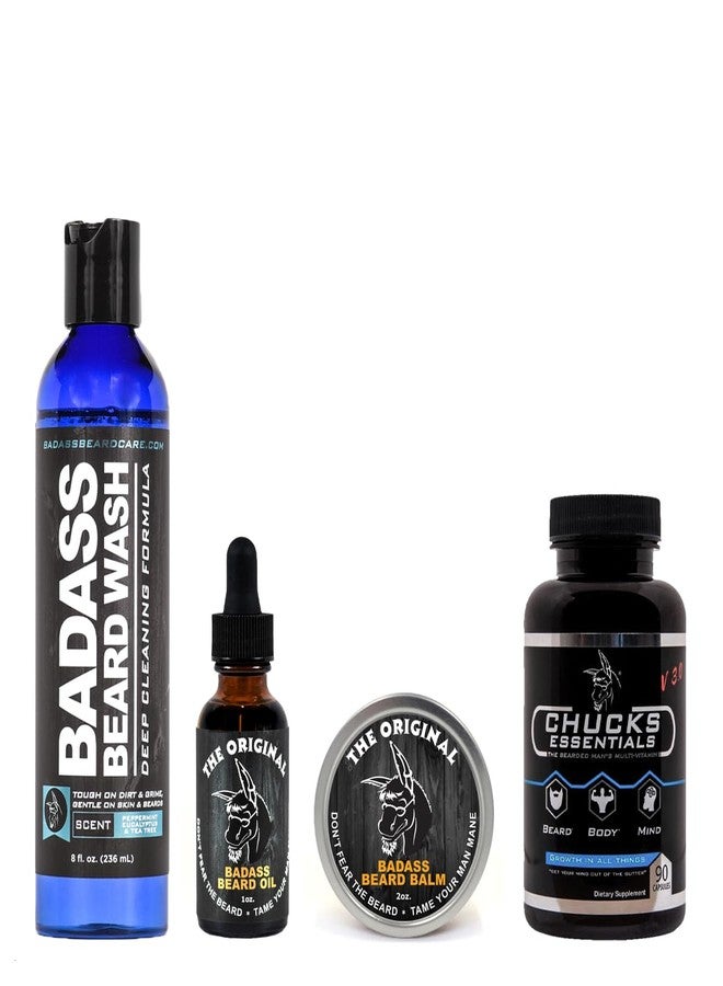 Badass Beard Care Growth Kit for Men Consists of Beard Oil, Balm or Wax, Beard Wash & The Bearded Mans Multivitamin - Natural Ingredients & Keeps Beard Full, Soft and Healthy - Image 1