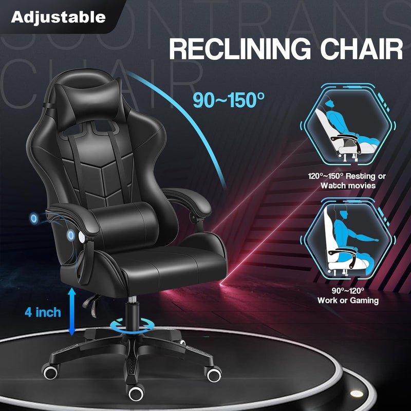 Computer Gaming Chair - Home Office Desk With Pu Leather Lumbar Support, Height Adjustable Big And Tall Video Game With Flip-Up Armrest, Swivel Wheels For Adults And Teens (Black) - Image 4