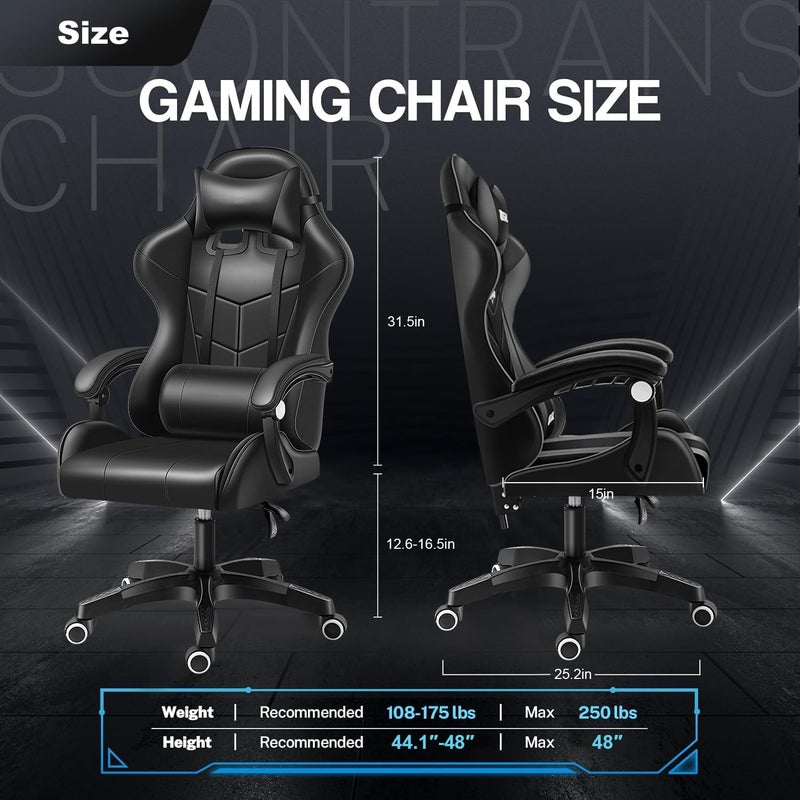 Computer Gaming Chair - Home Office Desk With Pu Leather Lumbar Support, Height Adjustable Big And Tall Video Game With Flip-Up Armrest, Swivel Wheels For Adults And Teens (Black) - Image 3