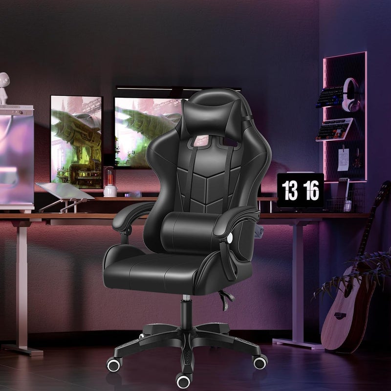 Computer Gaming Chair - Home Office Desk With Pu Leather Lumbar Support, Height Adjustable Big And Tall Video Game With Flip-Up Armrest, Swivel Wheels For Adults And Teens (Black) - Image 2