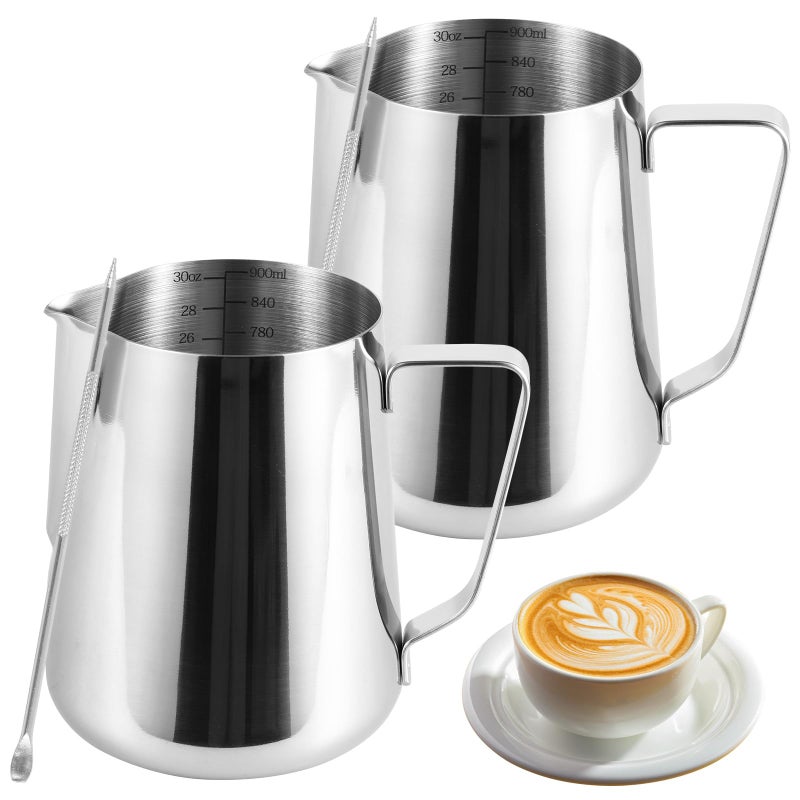 TMWEFUSC 2 Pack Milk Frothing Pitcher 900ml 32oz Steaming Pitchers Stainless Steel Milk/Coffee/Cappuccino/Latte Art Steam Pitchers Milk Jug Cup with Art Pen(2) - Image 1