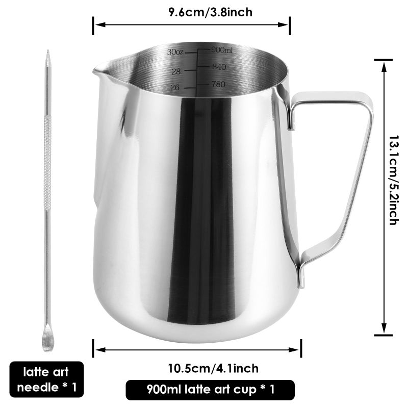 TMWEFUSC 2 Pack Milk Frothing Pitcher 900ml 32oz Steaming Pitchers Stainless Steel Milk/Coffee/Cappuccino/Latte Art Steam Pitchers Milk Jug Cup with Art Pen(2) - Image 2