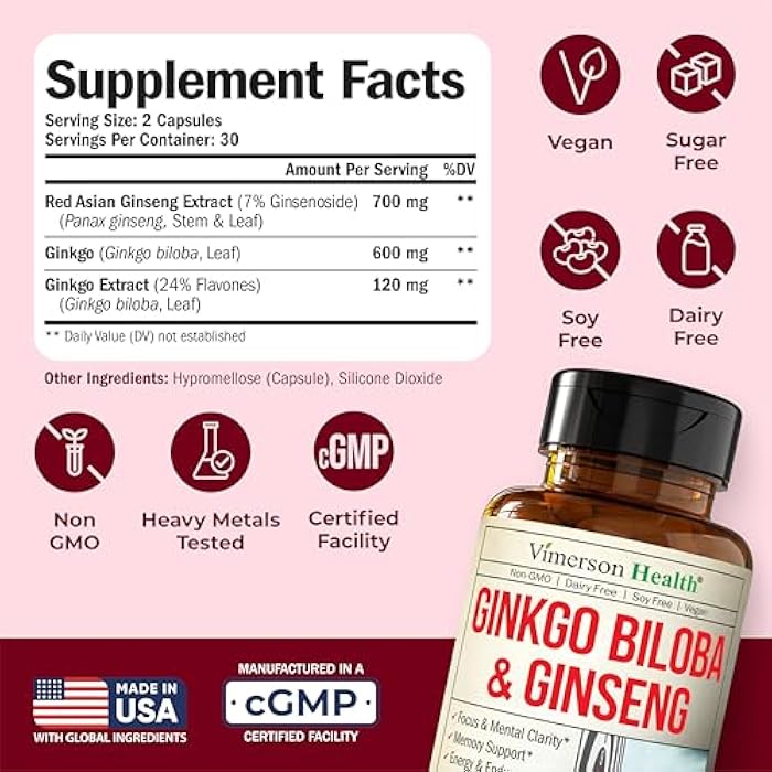 Vimerson Health Asian Ginseng and Ginkgo Biloba Supplements – Panax Ginseng Extract 700mg + Ginko Biloba 720mg – Nootropic Brain Supplement for Memory, Focus & Sustained Energy – 60 Easy-to-Swallow Capsules - Image 3
