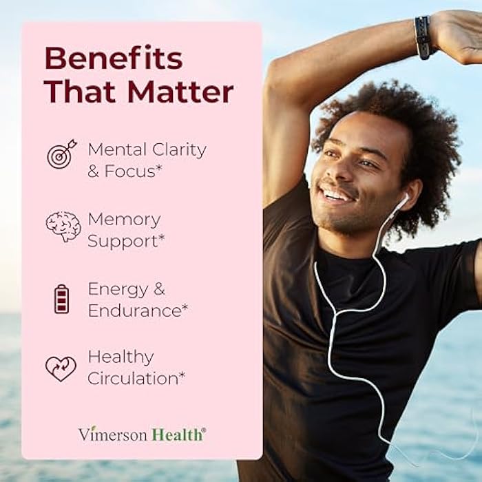 Vimerson Health Asian Ginseng and Ginkgo Biloba Supplements – Panax Ginseng Extract 700mg + Ginko Biloba 720mg – Nootropic Brain Supplement for Memory, Focus & Sustained Energy – 60 Easy-to-Swallow Capsules - Image 2