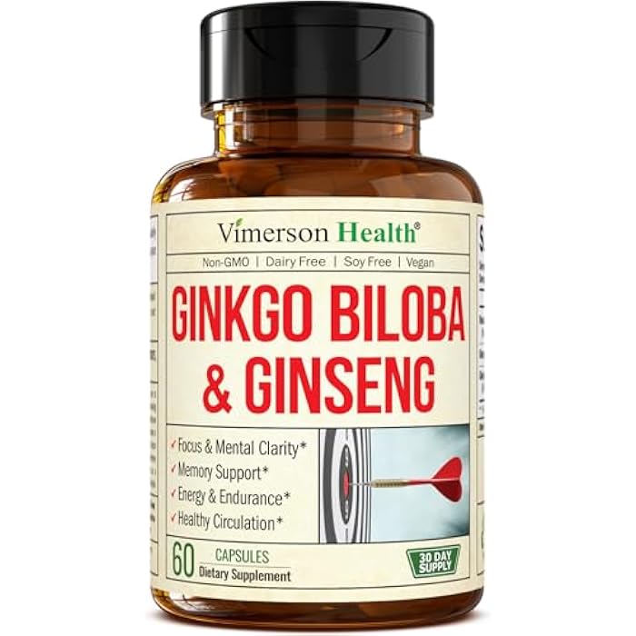 Vimerson Health Asian Ginseng and Ginkgo Biloba Supplements – Panax Ginseng Extract 700mg + Ginko Biloba 720mg – Nootropic Brain Supplement for Memory, Focus & Sustained Energy – 60 Easy-to-Swallow Capsules - Image 1