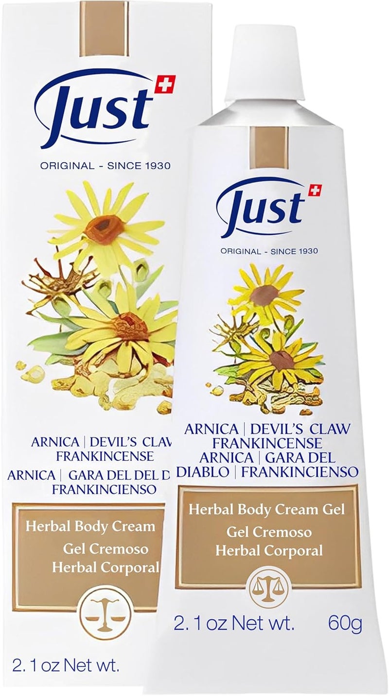 SwissJust Swiss Just Arnica Gel Arnica Creamy Gel 60g Arnica Cream wDevils Claw  Frankincense Oil A Gentle Massage Cream on Wrists Fingers Knees Ankles Joints Waist Neck and Back - Image 1