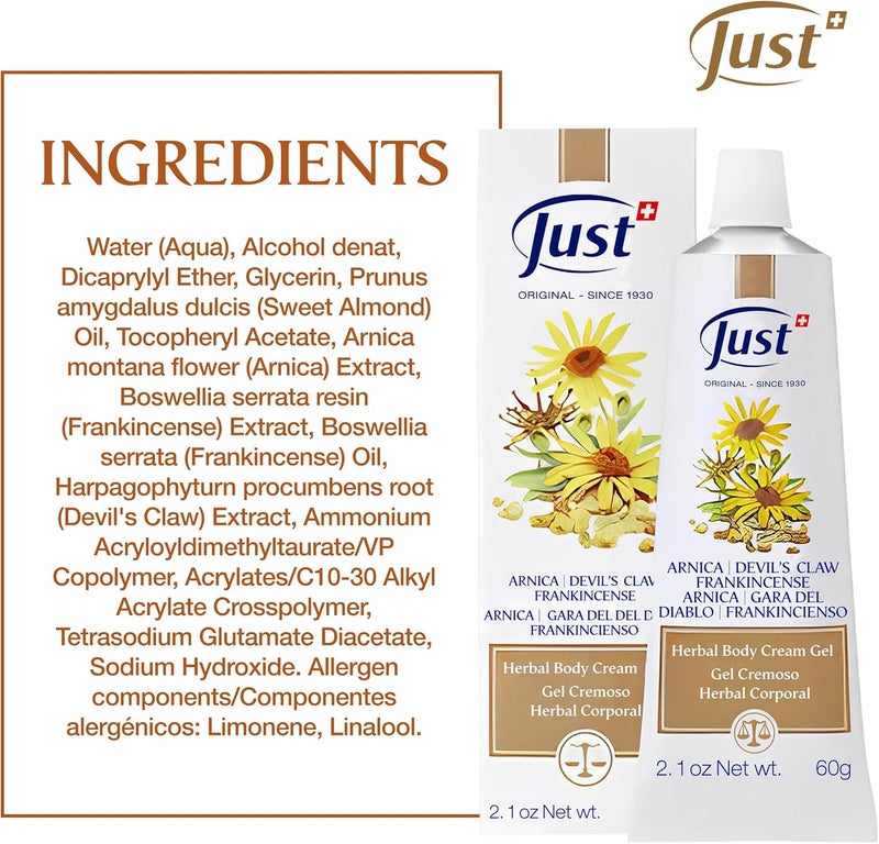 SwissJust Swiss Just Arnica Gel Arnica Creamy Gel 60g Arnica Cream wDevils Claw  Frankincense Oil A Gentle Massage Cream on Wrists Fingers Knees Ankles Joints Waist Neck and Back - Image 2
