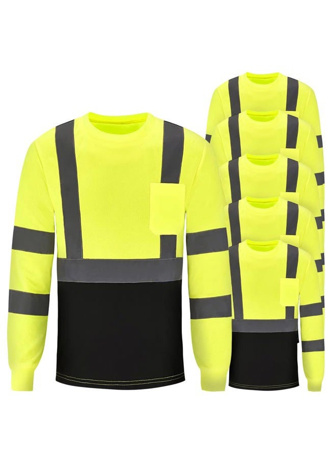 JaGely 6 Pcs Safety T Shirt High Visibility Reflective Shirts for Men Hi Vis Long Sleeve with Pocket XL, Fluorescent Yellow, One size - Image 1