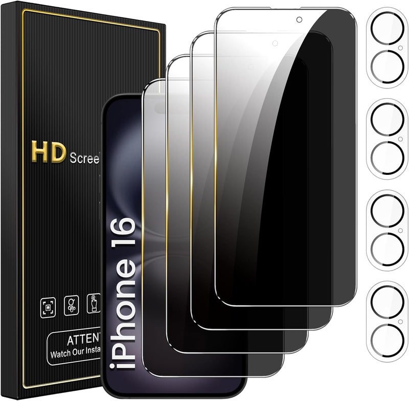 Romkasi 4 Pack Privacy Screen Protector for iPhone 16 6.1 Inch with 4 Pack Camera Lens Protector, Anti Spy Tempered Glass Film, Anti-Scratch, Touch Sensitive, Case Friendly - Image 1
