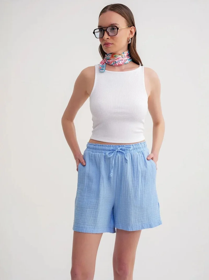 MixRay Baby Blue Mixray High-Waisted Textured Cotton Shorts for Women | Best Price UAE