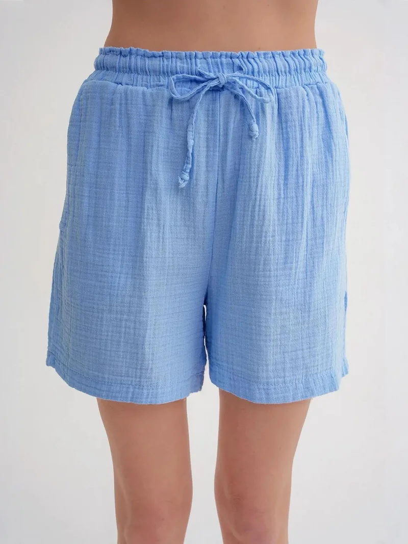 MixRay Baby Blue Mixray High-Waisted Textured Cotton Shorts for Women | Best Price UAE