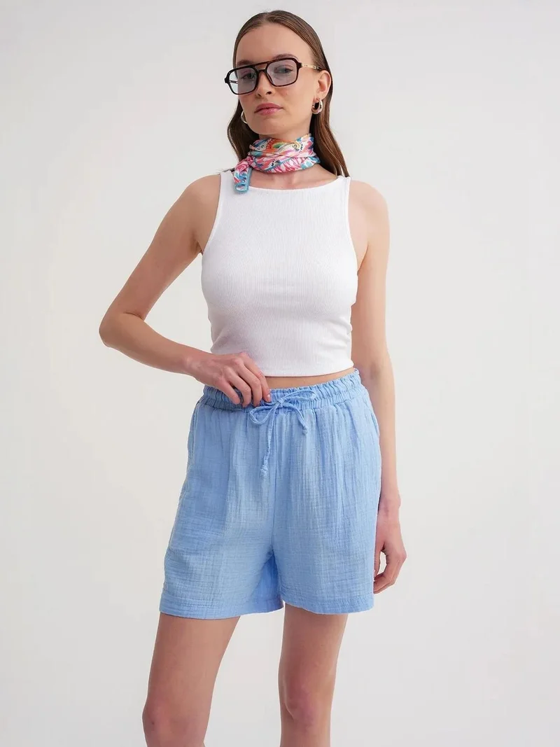 MixRay Baby Blue Mixray High-Waisted Textured Cotton Shorts for Women | Best Price UAE