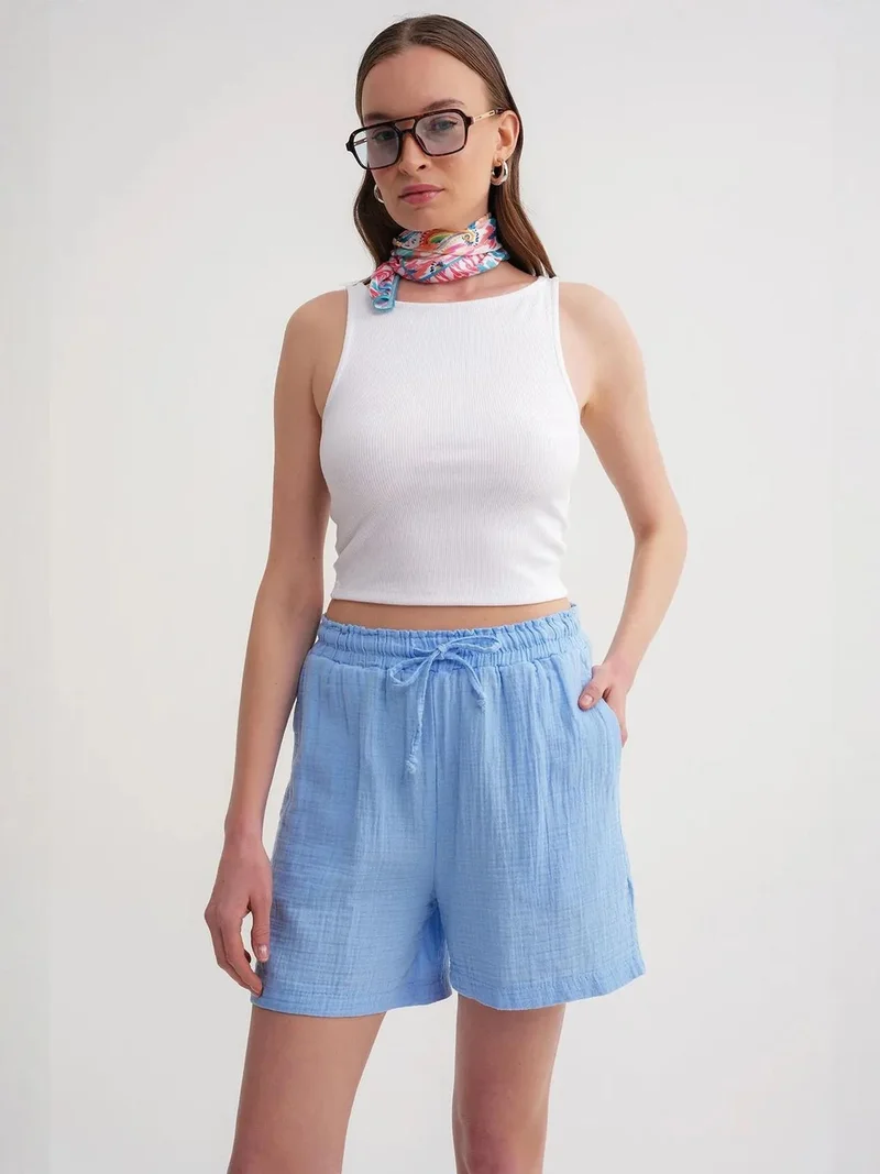 MixRay Baby Blue Mixray High-Waisted Textured Cotton Shorts for Women | Best Price UAE