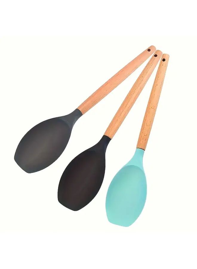 Green Silicone Kitchen Utensil Set With Wooden Handle For Cooking Baking - Image 5