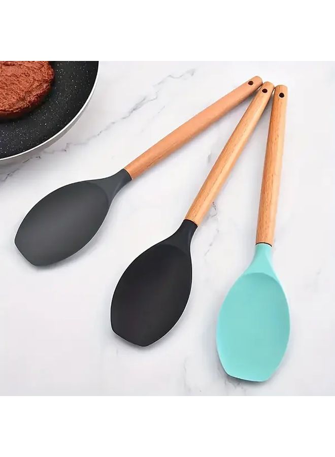 Green Silicone Kitchen Utensil Set With Wooden Handle For Cooking Baking - Image 2