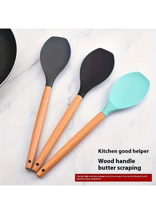 Green Silicone Kitchen Utensil Set With Wooden Handle For Cooking Baking - Image 1