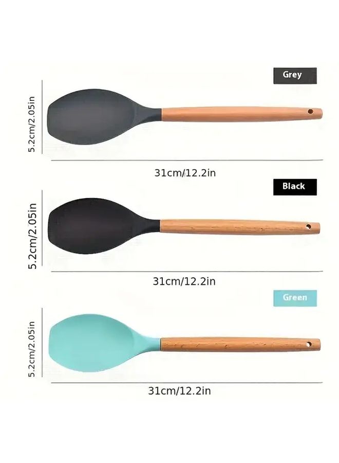 Green Silicone Kitchen Utensil Set With Wooden Handle For Cooking Baking - Image 3
