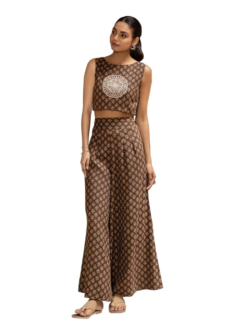 FIORRA Women's Brown Cotton Embroidered Co-ord Set SET0190 - Image 1