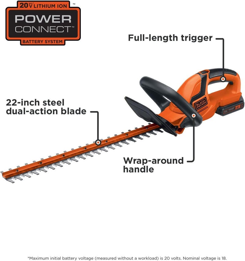 BLACK+DECKER 20V MAX Cordless Hedge Trimmer, Battery and Charger Included, 22 Inch Steel Blade Lightweight Bush Trimmer, Soft Grip, Less Vibration (LHT2220) - Image 2