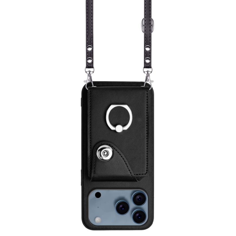 إيروريكس جراب هاتف مزود بحلقة وحقيبة بطاقات عضوية لهاتف iPhone 17 Pro مع حبل طويل (أسود) - Image 2