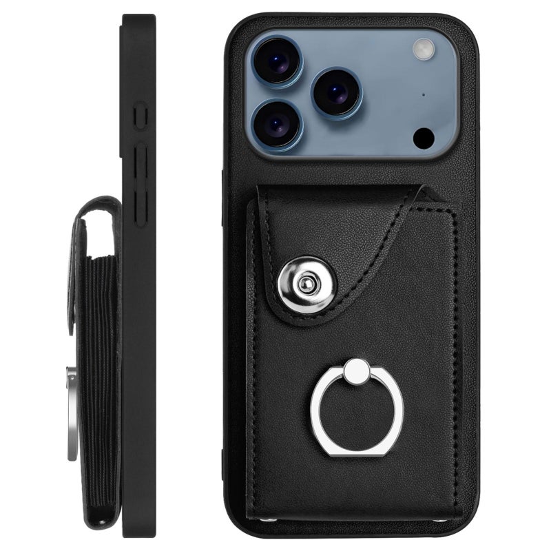 إيروريكس جراب هاتف مزود بحلقة وحقيبة بطاقات عضوية لهاتف iPhone 17 Pro مع حبل طويل (أسود) - Image 3