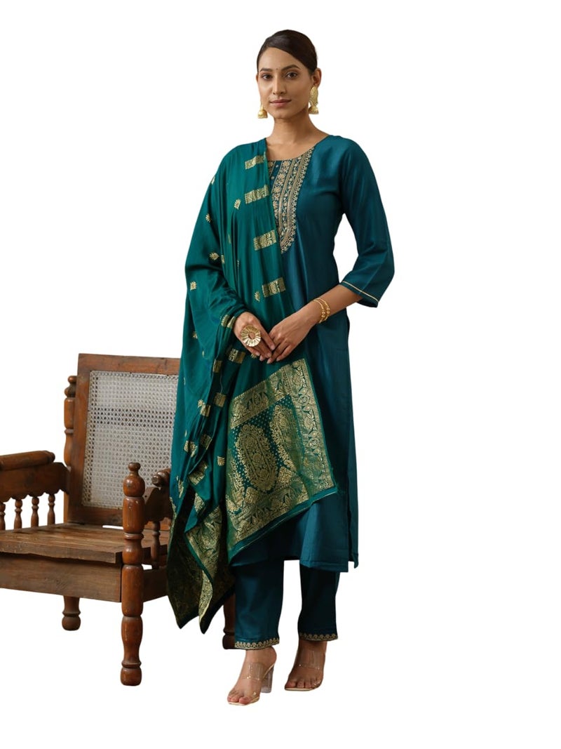 Kaari Women's Embroidered Kurti Set with Dupatta | Ethnic Suits with Embellished Dupatta | Everyday and Festive Kurti Set for Women|Rama|XS - Image 1