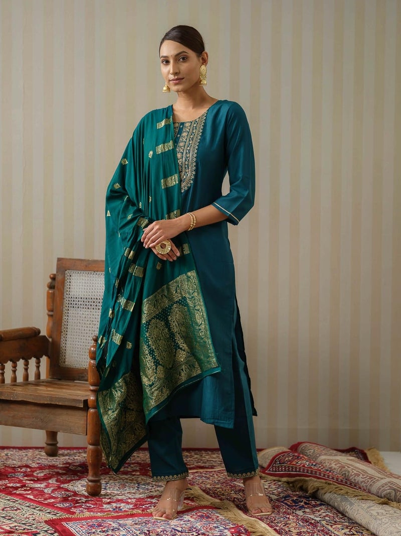 Kaari Women's Embroidered Kurti Set with Dupatta | Ethnic Suits with Embellished Dupatta | Everyday and Festive Kurti Set for Women|Rama|XS - Image 4